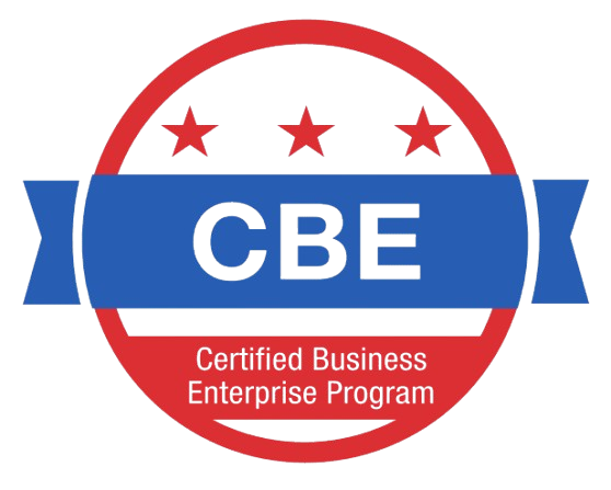 A red, white and blue badge with three stars.
